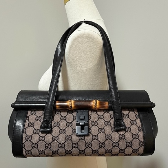 Gucci Bamboo Bullet Monogram Bag – Black Leather Trim, Lock Closure - Picture 2 of 14